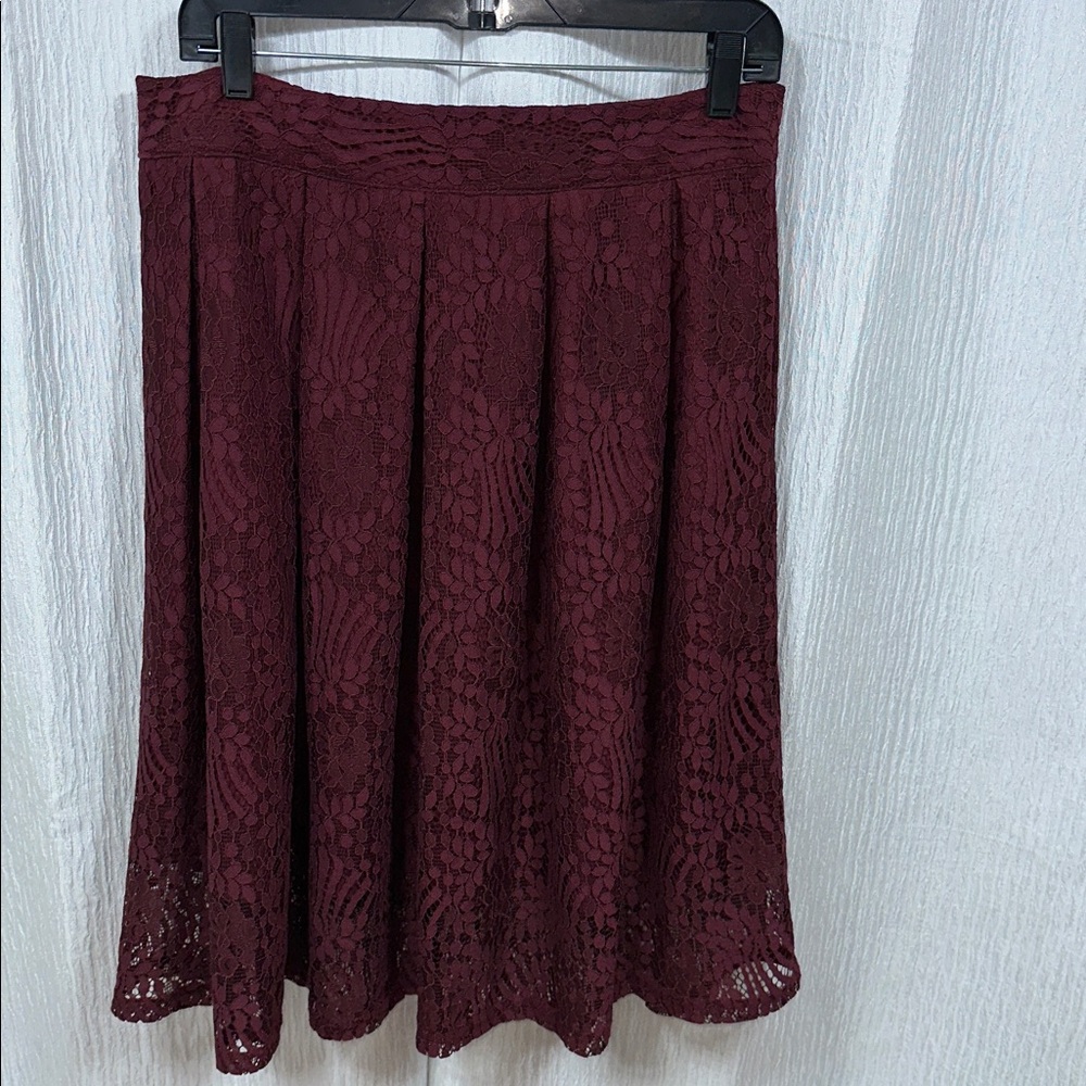 Midi Lace A-Line Skirt in Deep Burgundy